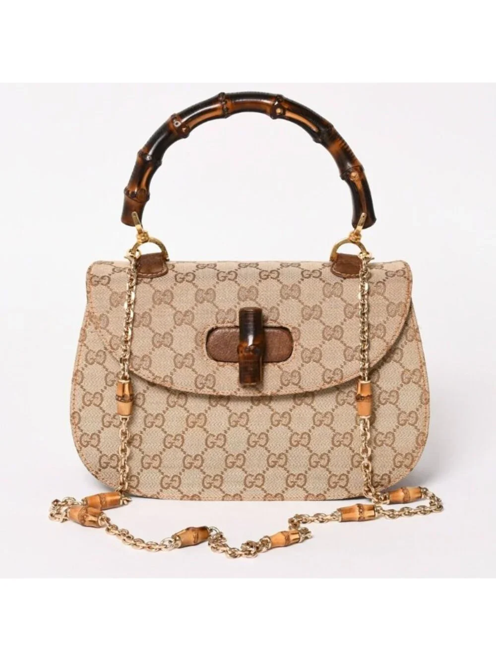 Gucci Bamboo Vintage Shoulder Bag GG Canvas Brown Beige Turnlock